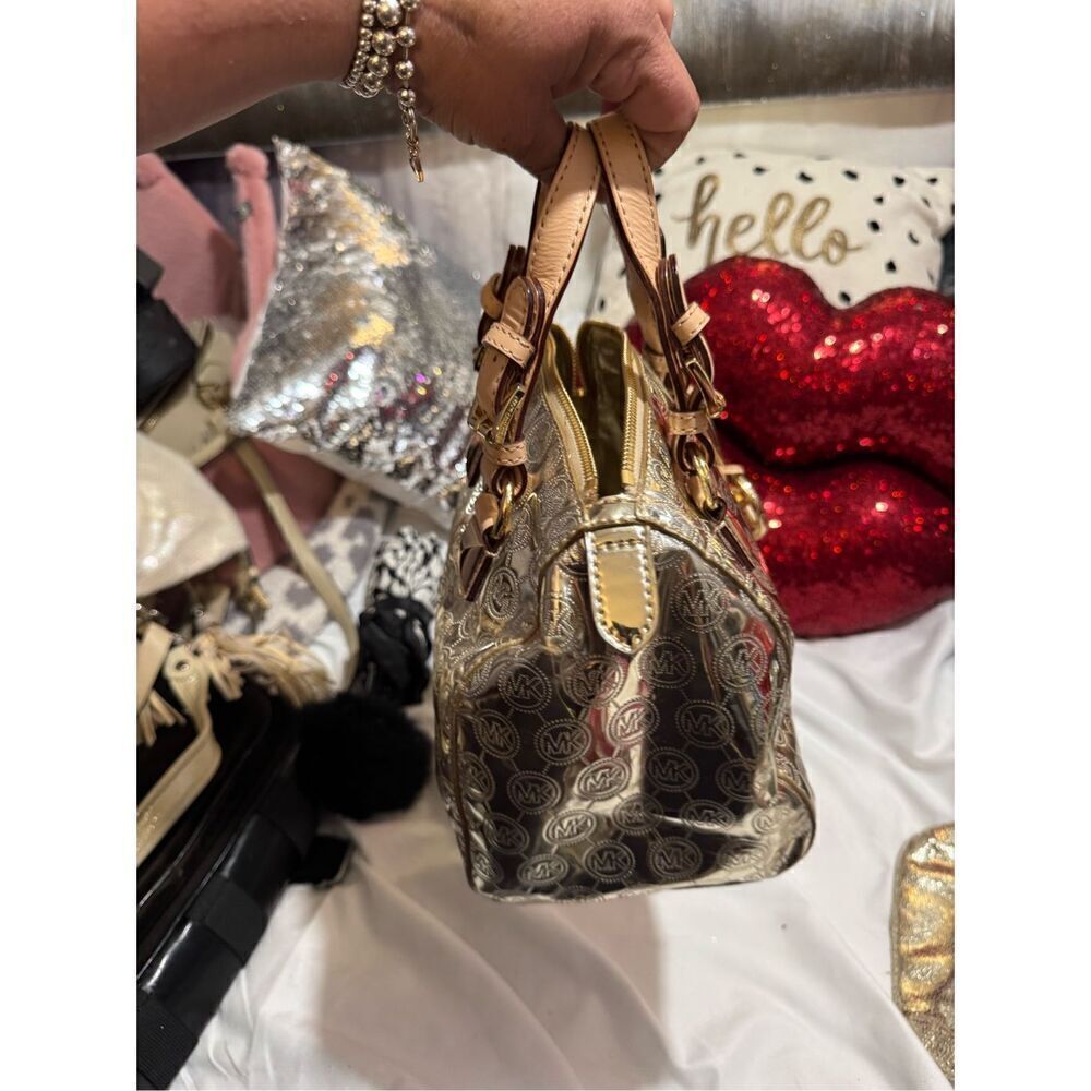 Mk michael Kors gold patent leather signature jet set mini hand bag purse bag - Picture 7 of 10